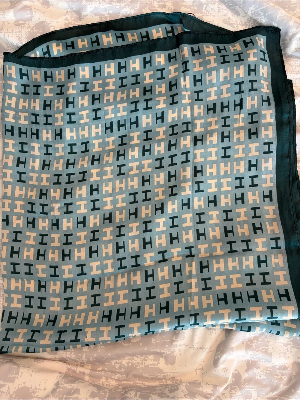 Silk Scarf with Repeating H Motif in Teal and Cream